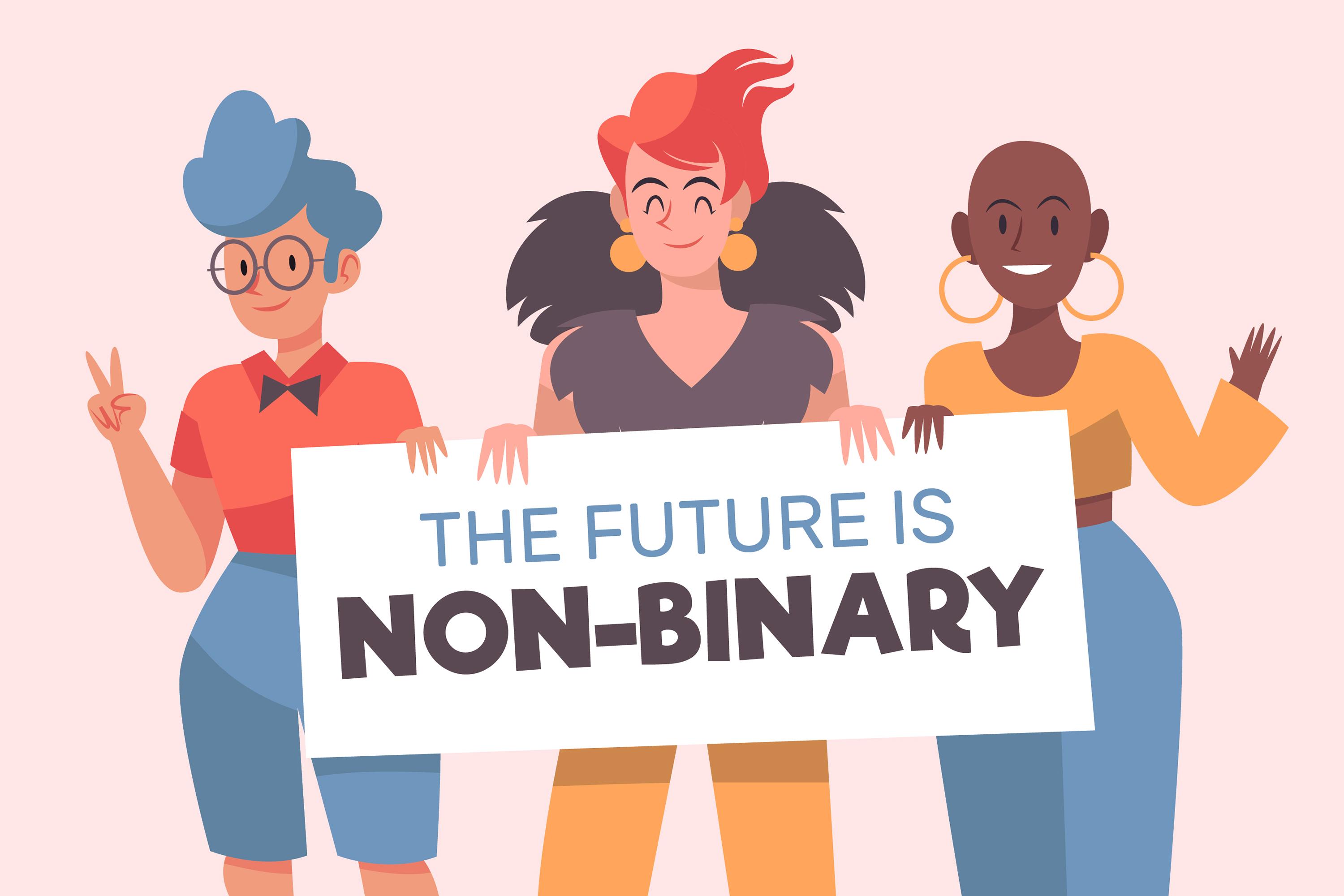 Drei Personen stehen vor einem rosafarbenen Hintergrund und halten ein Schild mit der Aufschrift "The Future is non-binary" in der Hand